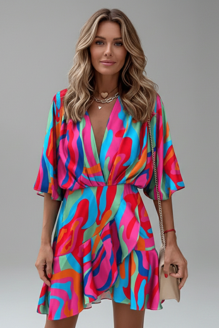 Daphne – Batwing Sleeve Mini Dress with Waist Tie