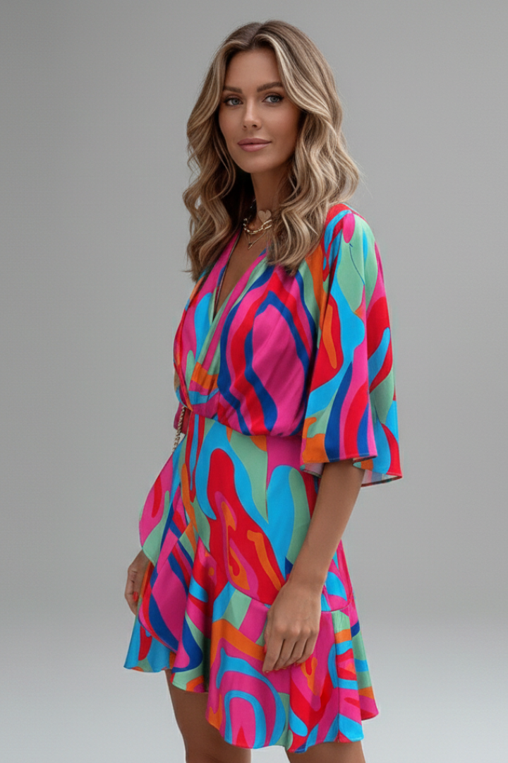 Daphne – Batwing Sleeve Mini Dress with Waist Tie