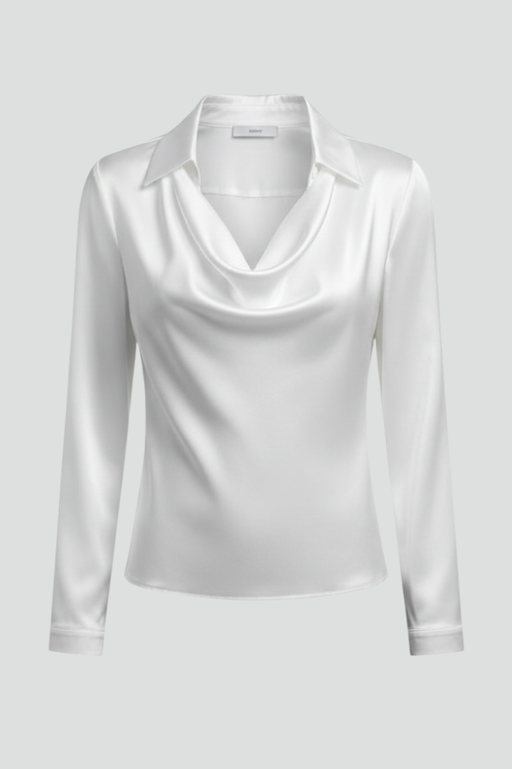 Bianca – Satin Blouse with Draped Neck and Full Sleeves