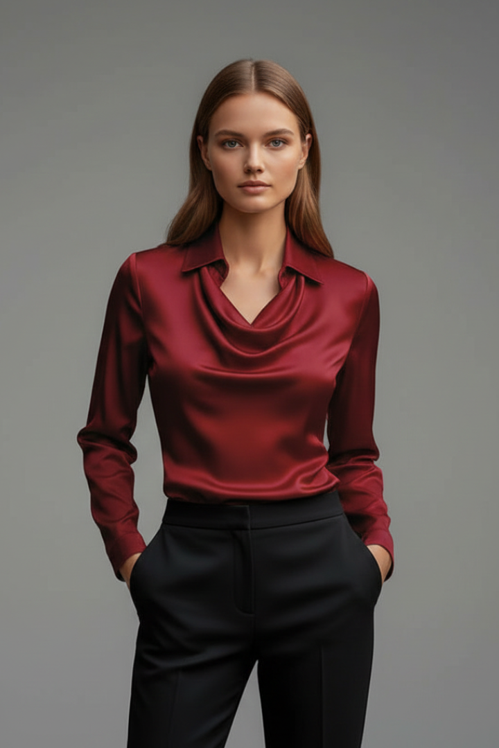 Bianca – Satin Blouse with Draped Neck and Full Sleeves
