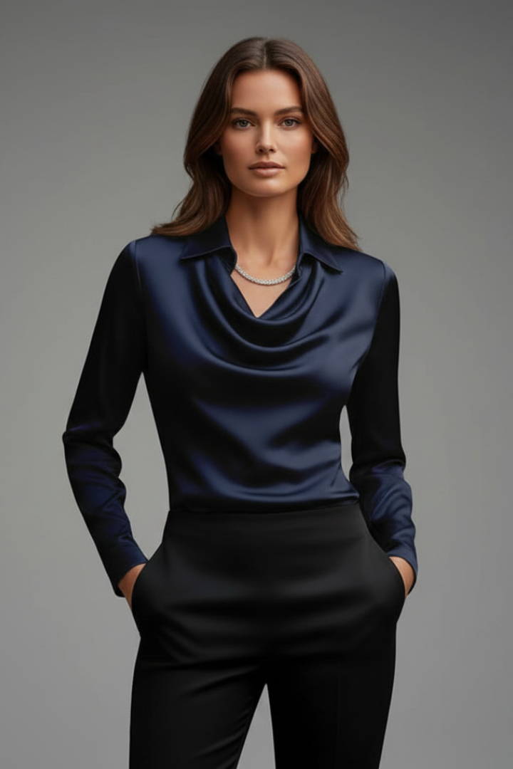 Bianca – Satin Blouse with Draped Neck and Full Sleeves
