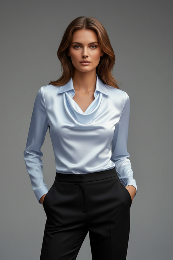 Bianca – Satin Blouse with Draped Neck and Full Sleeves
