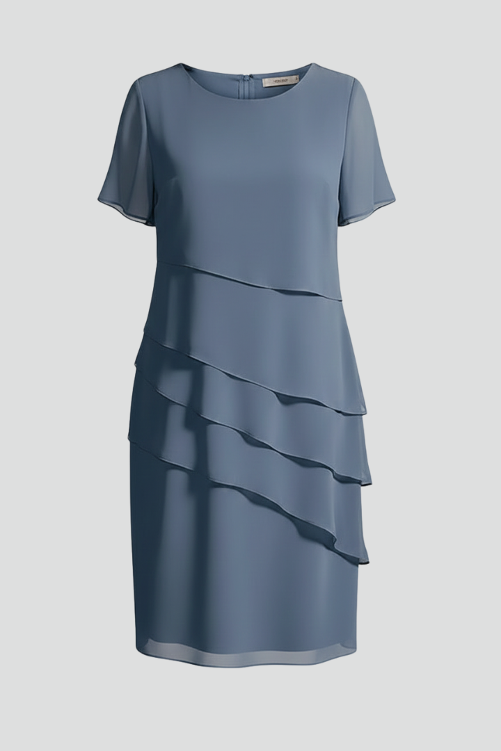 Cassie – Short Sleeve Dress with Draped Front and Straight Hem