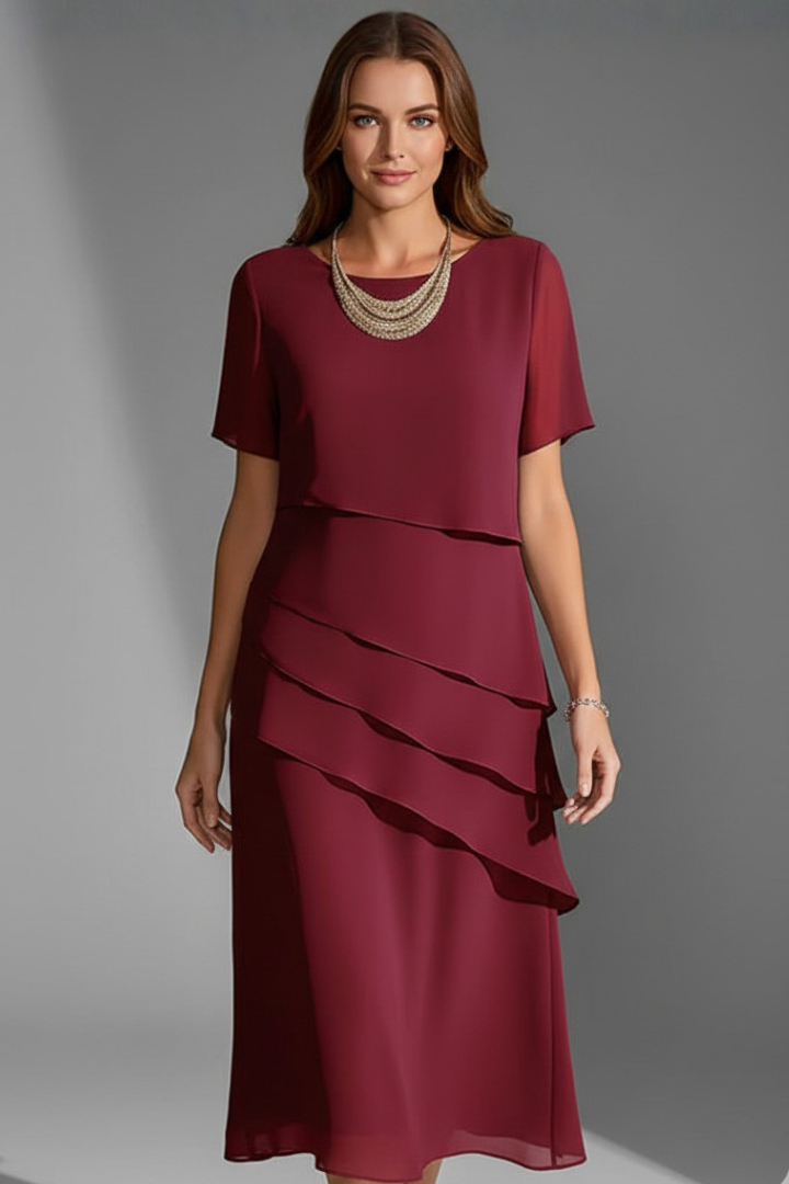 Cassie – Short Sleeve Dress with Draped Front and Straight Hem