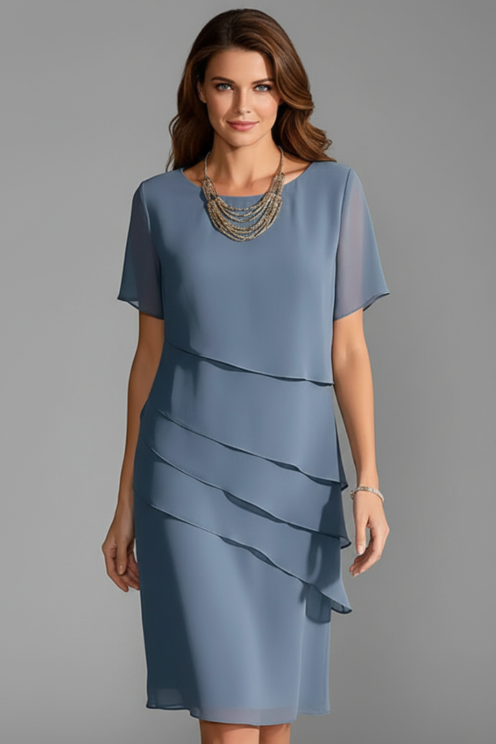 Cassie – Short Sleeve Dress with Draped Front and Straight Hem