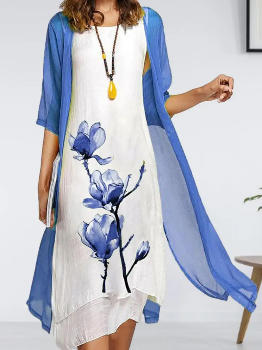 Elsie – Sleeveless Linen Midi Dress with Chiffon Cardigan Set