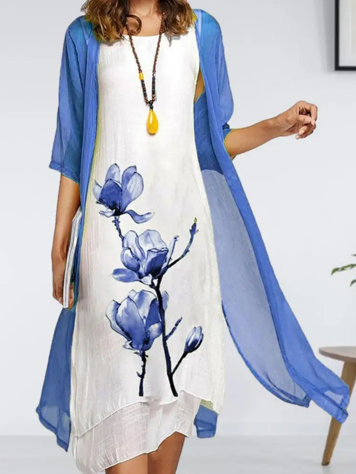 Elsie – Sleeveless Linen Midi Dress with Chiffon Cardigan Set