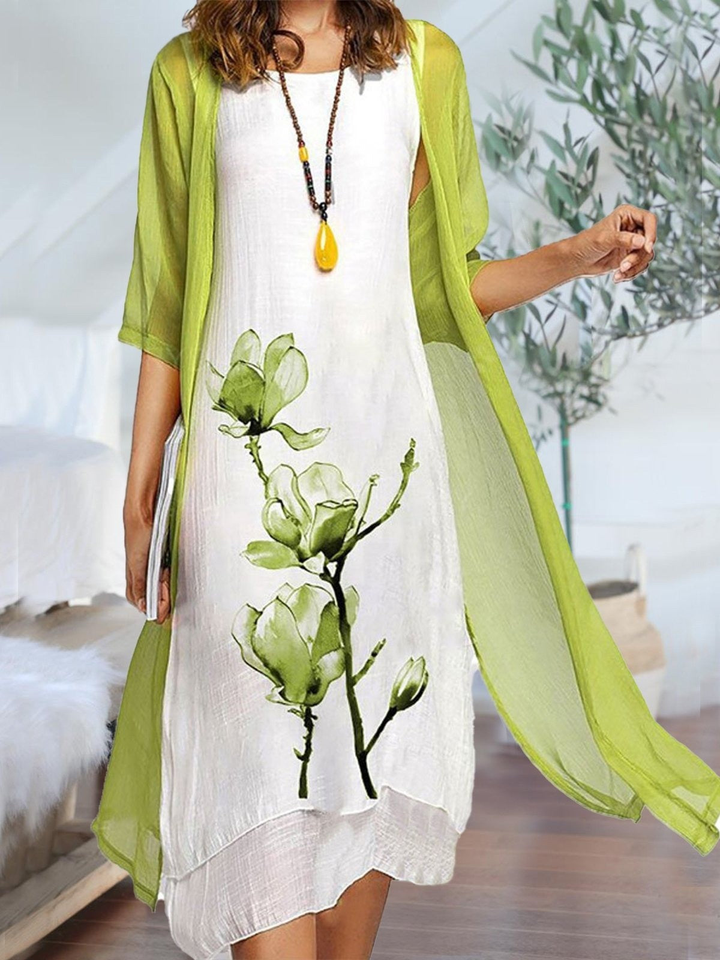 Elsie – Sleeveless Linen Midi Dress with Chiffon Cardigan Set