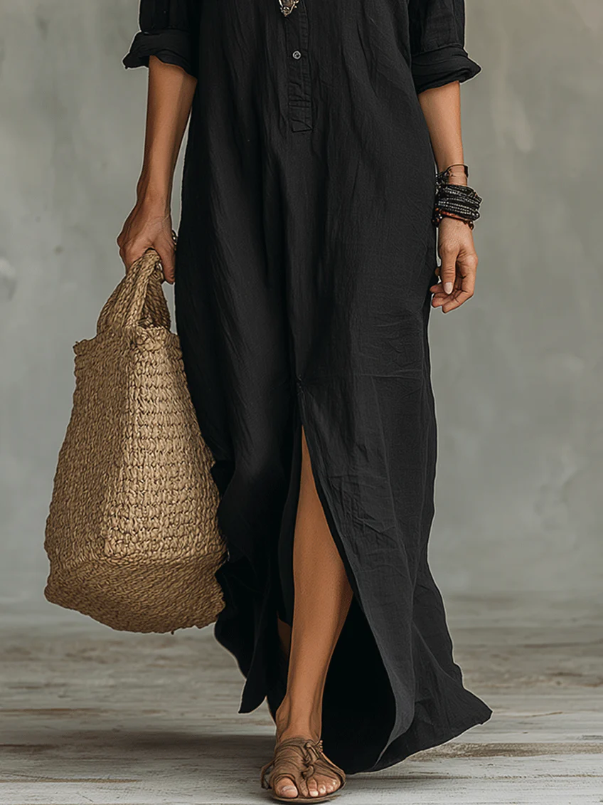 Bianca – Black Button-Front Loose Maxi Dress
