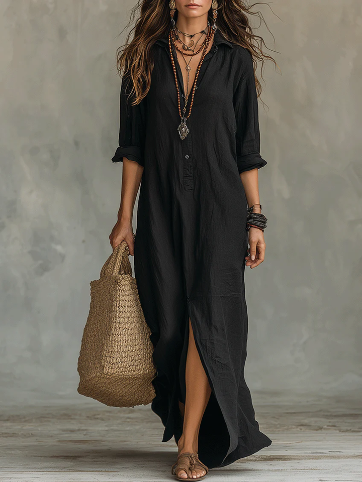 Bianca – Black Button-Front Loose Maxi Dress
