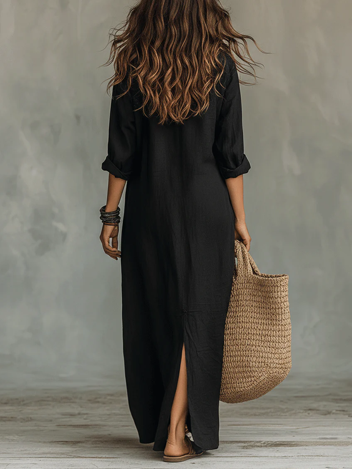 Bianca – Black Button-Front Loose Maxi Dress