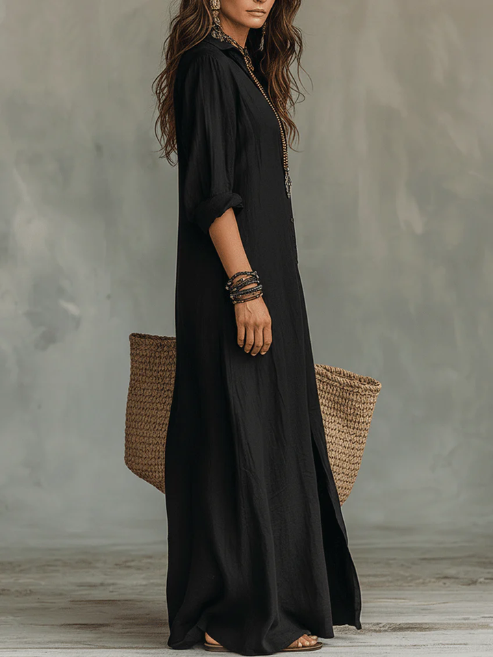 Bianca – Black Button-Front Loose Maxi Dress