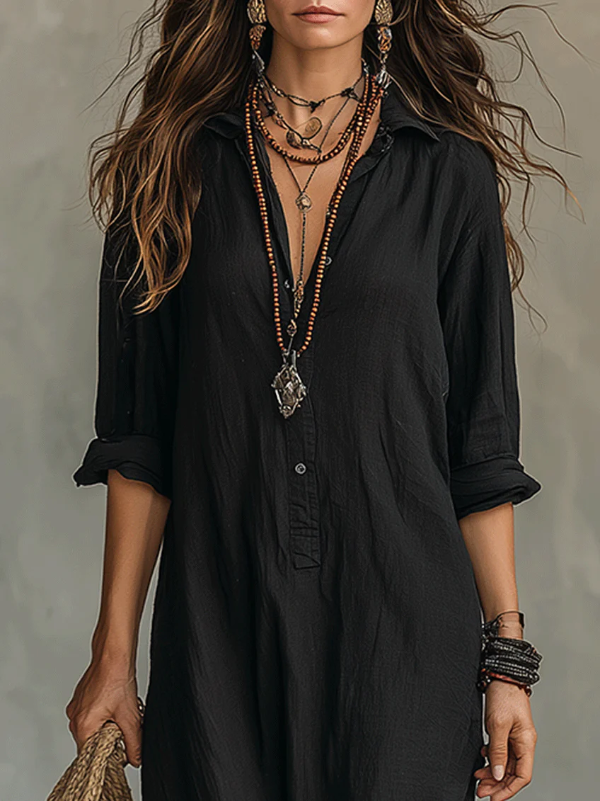 Bianca – Black Button-Front Loose Maxi Dress