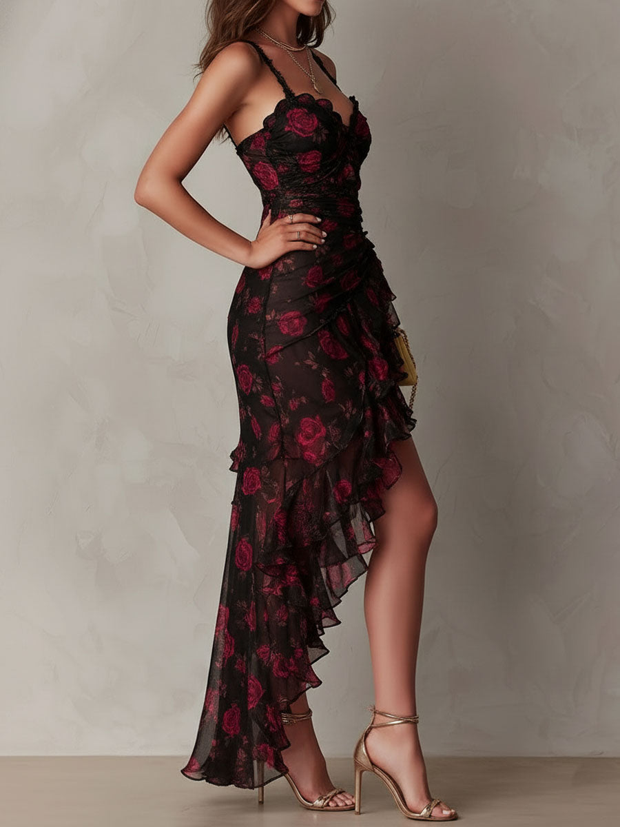 Isla – Floral Ruched Dress with Ruffle Hem