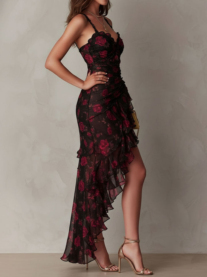 Isla – Floral Ruched Dress with Ruffle Hem