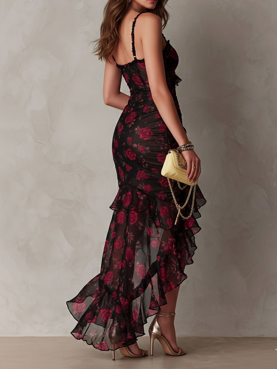 Isla – Floral Ruched Dress with Ruffle Hem