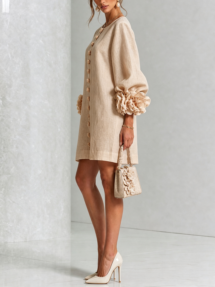 Delilah – Button-Front Mini Dress with Blossom Cuffs