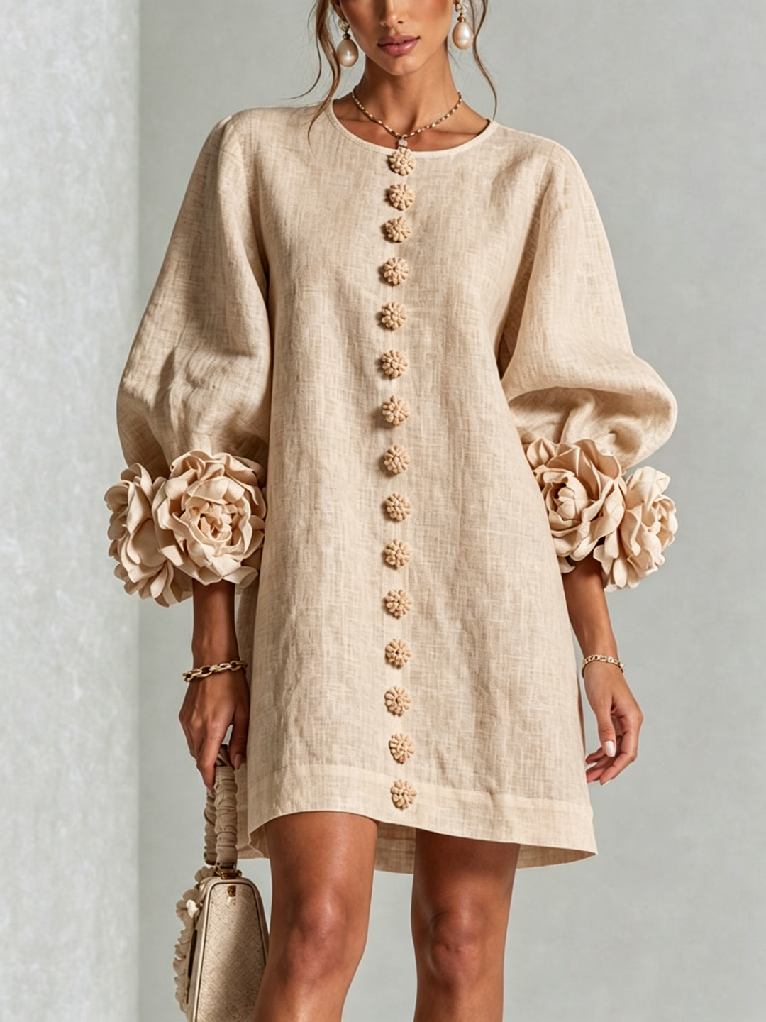 Fern – Button-Front Mini Dress with Floral Cuffs