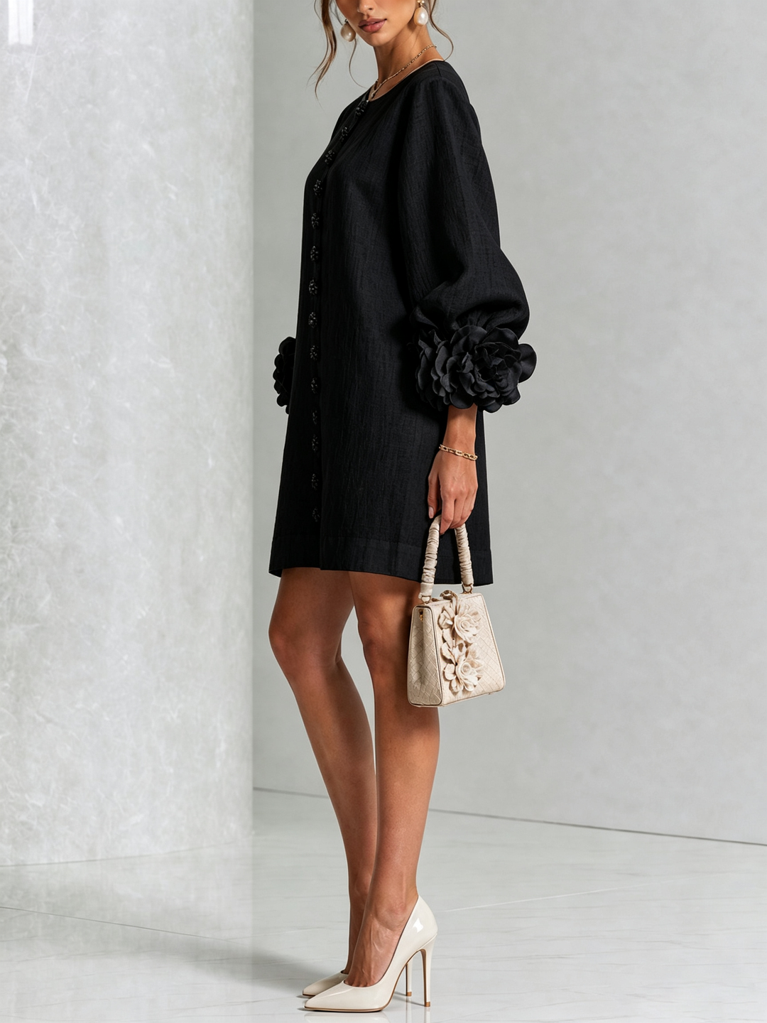 Daphne – Button-Front Mini Dress with Floral Cuffs