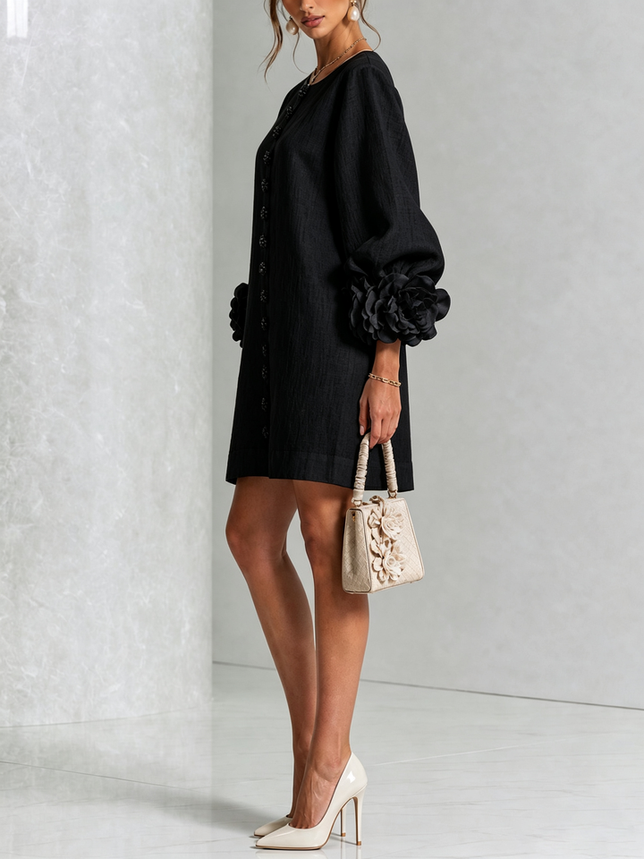 Daphne – Button-Front Mini Dress with Floral Cuffs