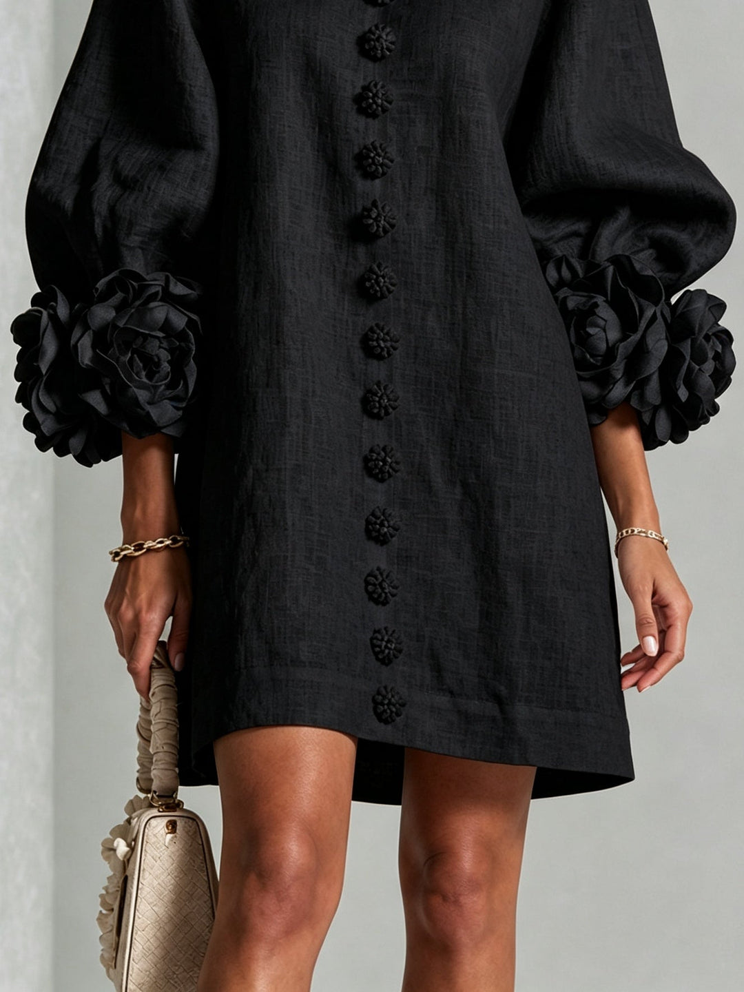Daphne – Button-Front Mini Dress with Floral Cuffs