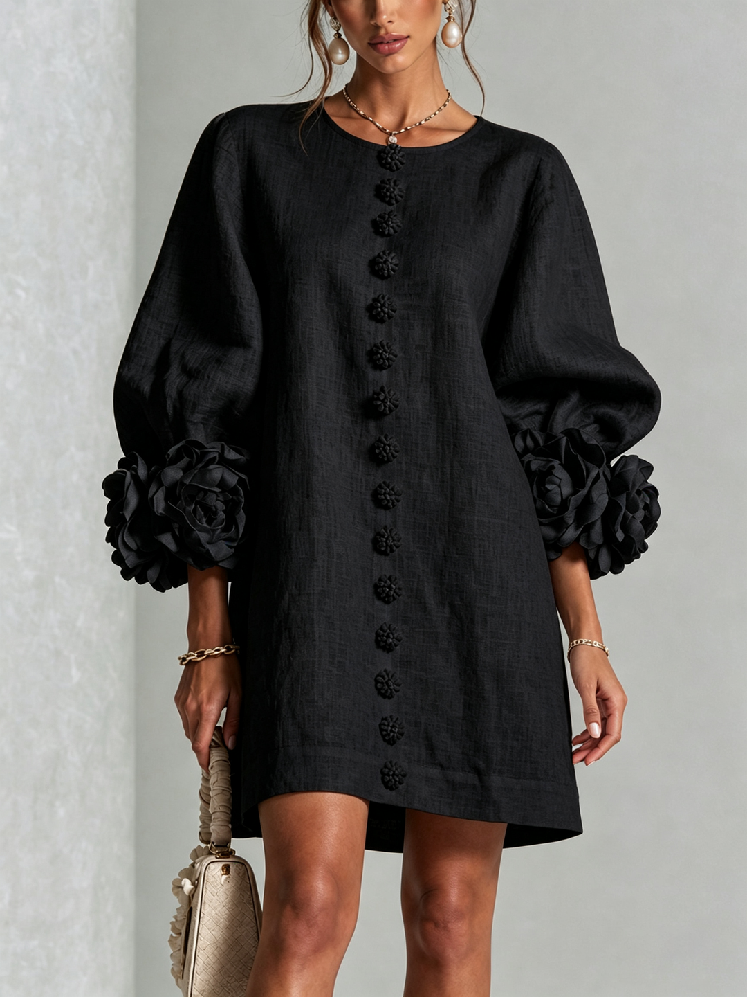 Fern – Button-Front Mini Dress with Floral Cuffs