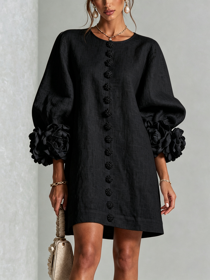Daphne – Button-Front Mini Dress with Floral Cuffs