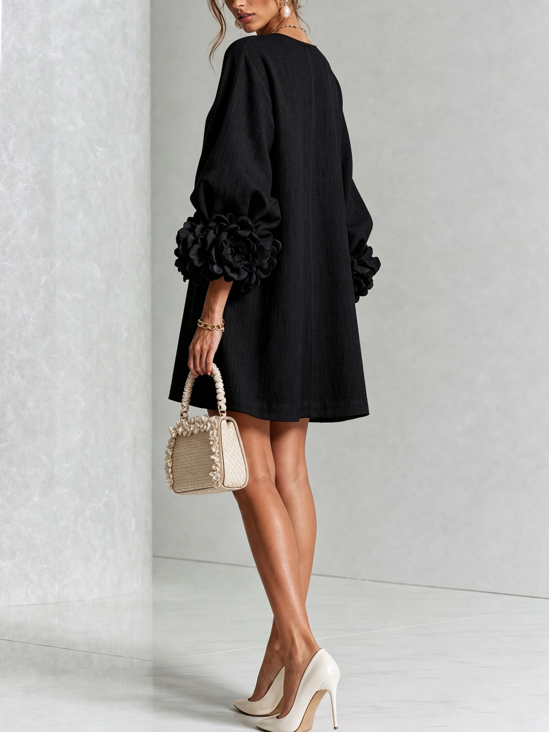 Daphne – Button-Front Mini Dress with Floral Cuffs