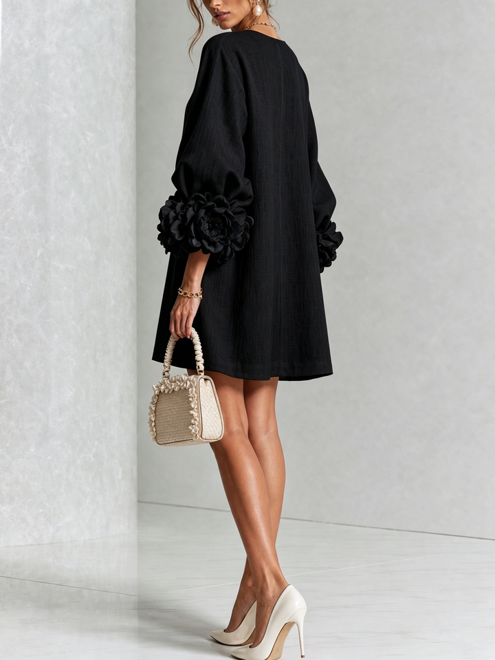 Daphne – Button-Front Mini Dress with Floral Cuffs