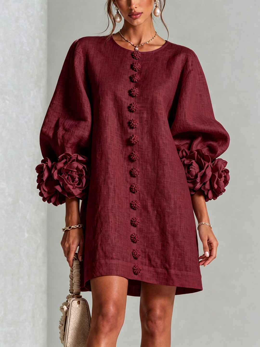 Fern – Button-Front Mini Dress with Floral Cuffs