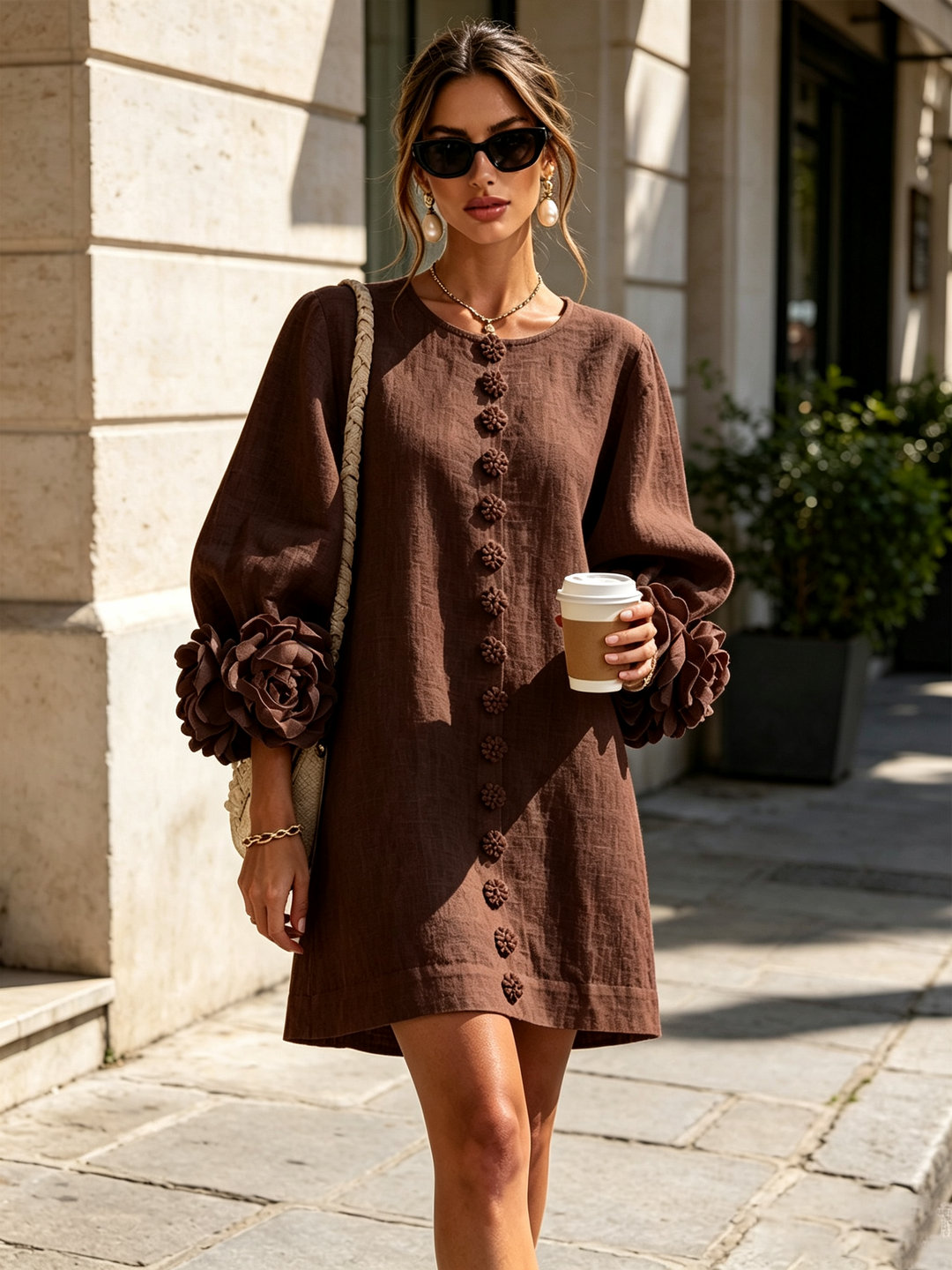 Daphne – Mini Dress with Rosette Detail Cuffs