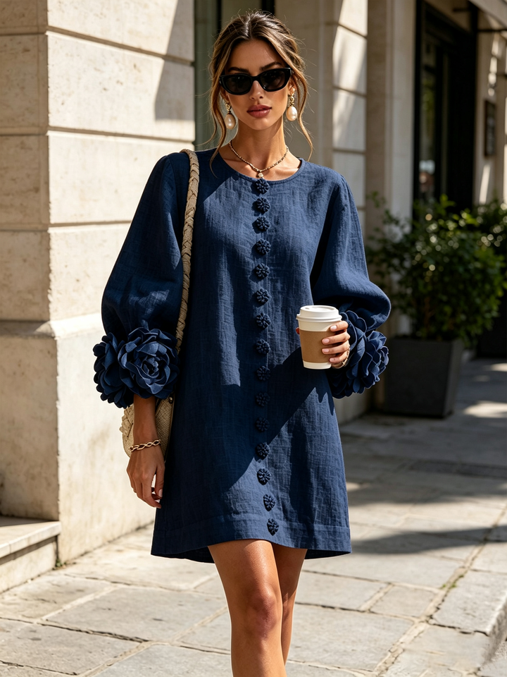 Fern – Button-Front Mini Dress with Floral Cuffs