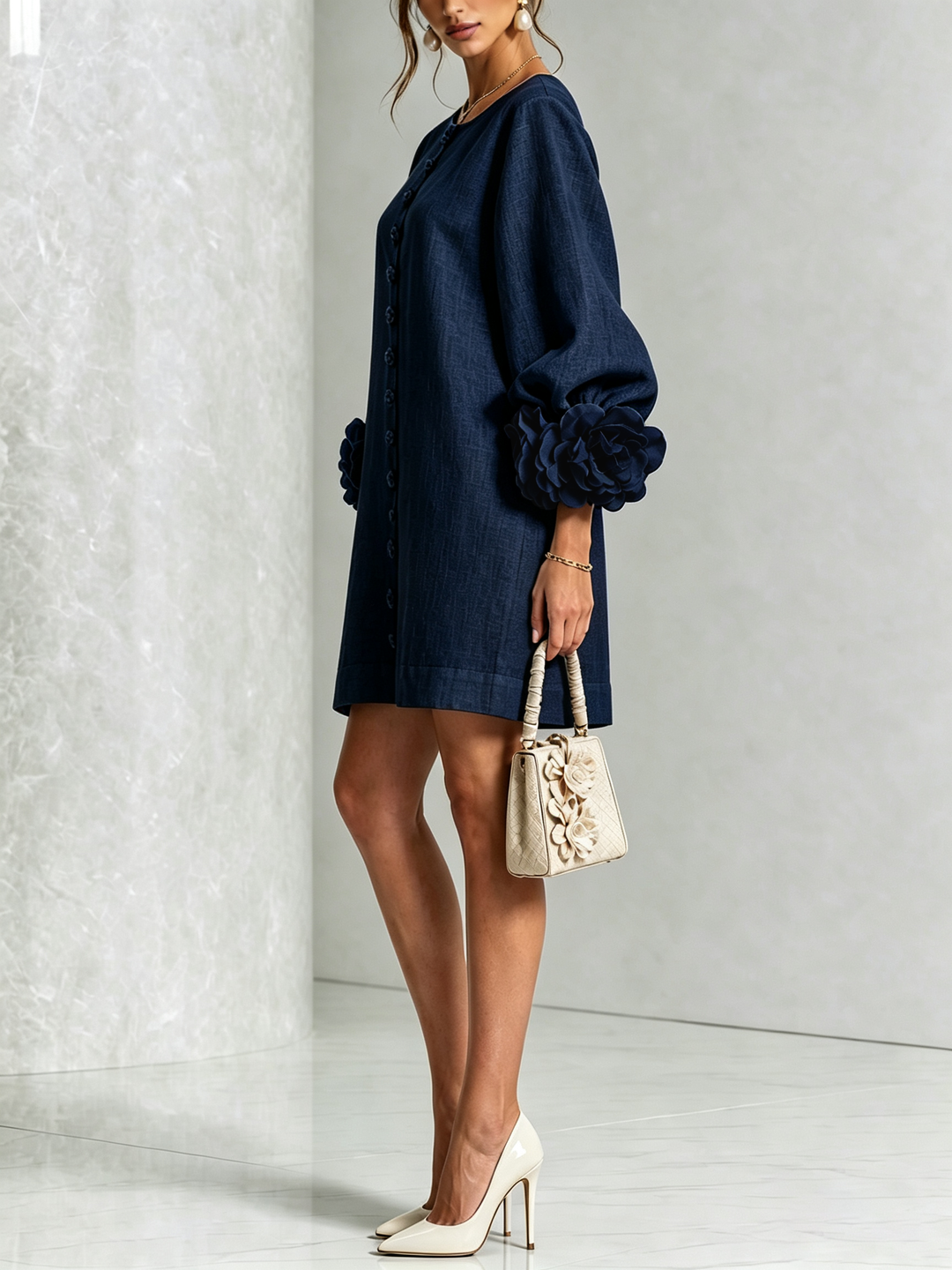 Eliza – Mini Dress with Rosette Trim Cuffs