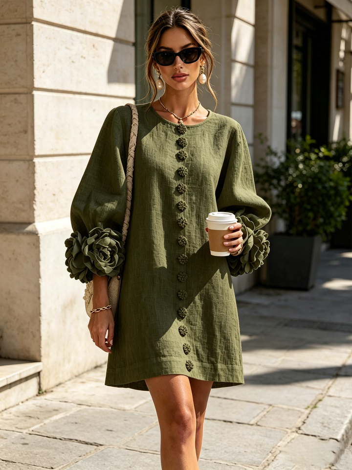 Fern – Button-Front Mini Dress with Floral Cuffs