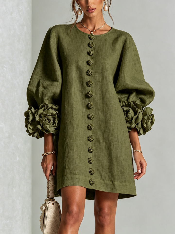Isla – Button-Front Mini Dress with Floral Accents