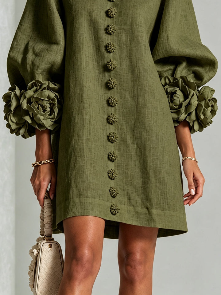 Isla – Button-Front Mini Dress with Floral Accents