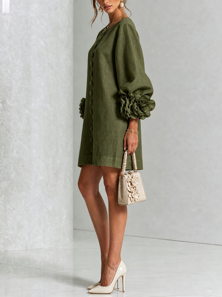 Isla – Button-Front Mini Dress with Floral Accents