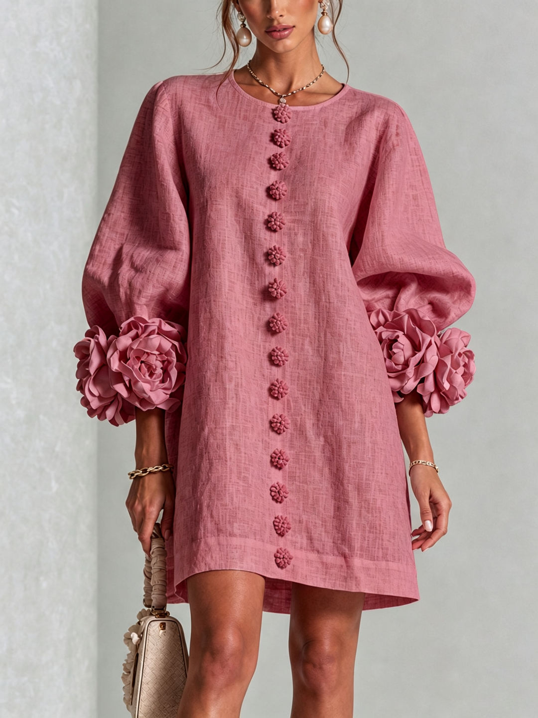 Fern – Button-Front Mini Dress with Floral Cuffs