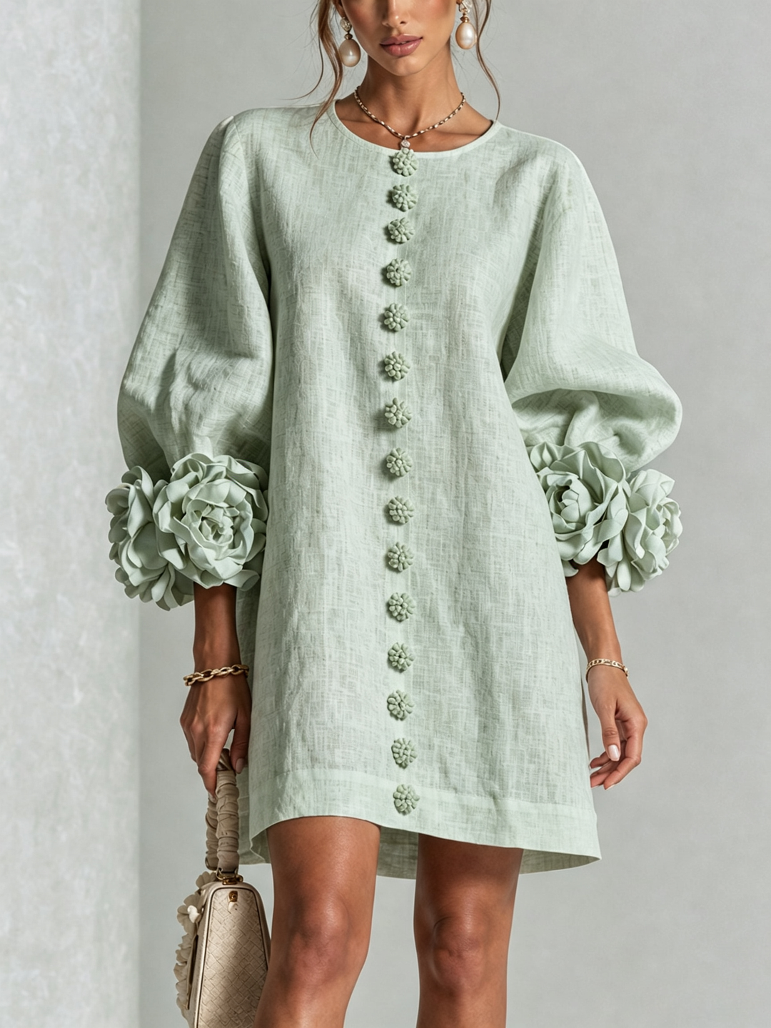 Fern – Button-Front Mini Dress with Floral Cuffs