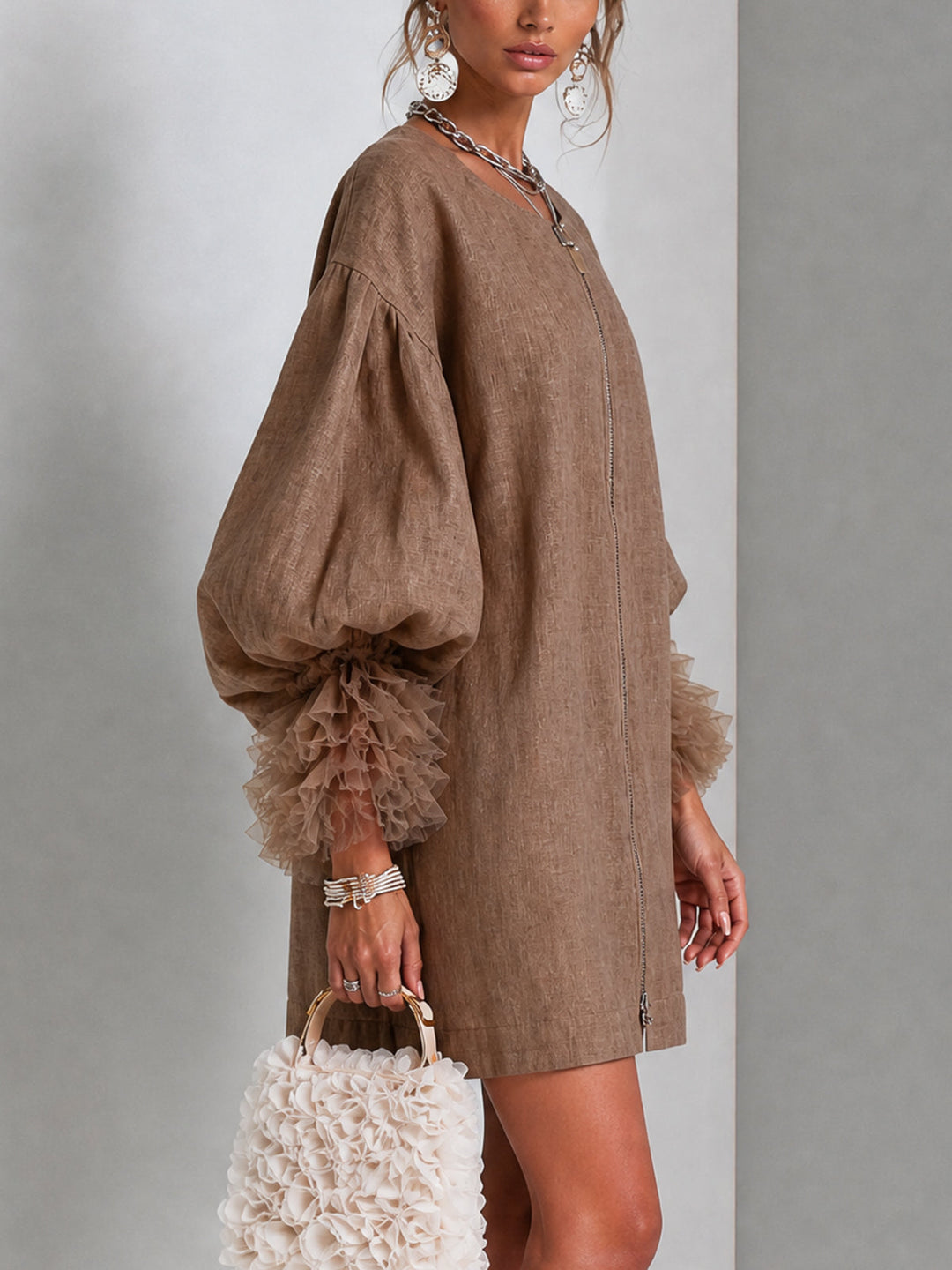 Ariadne – Mini Dress with Zip and Puff Sleeves