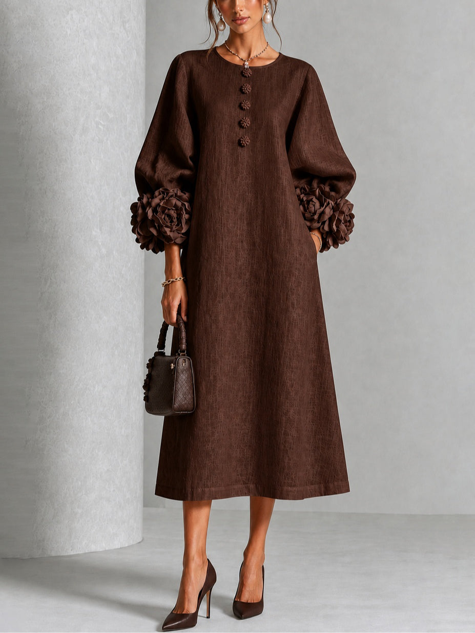 Annabelle – Midi Dress with Floral Rosette Cuffs
