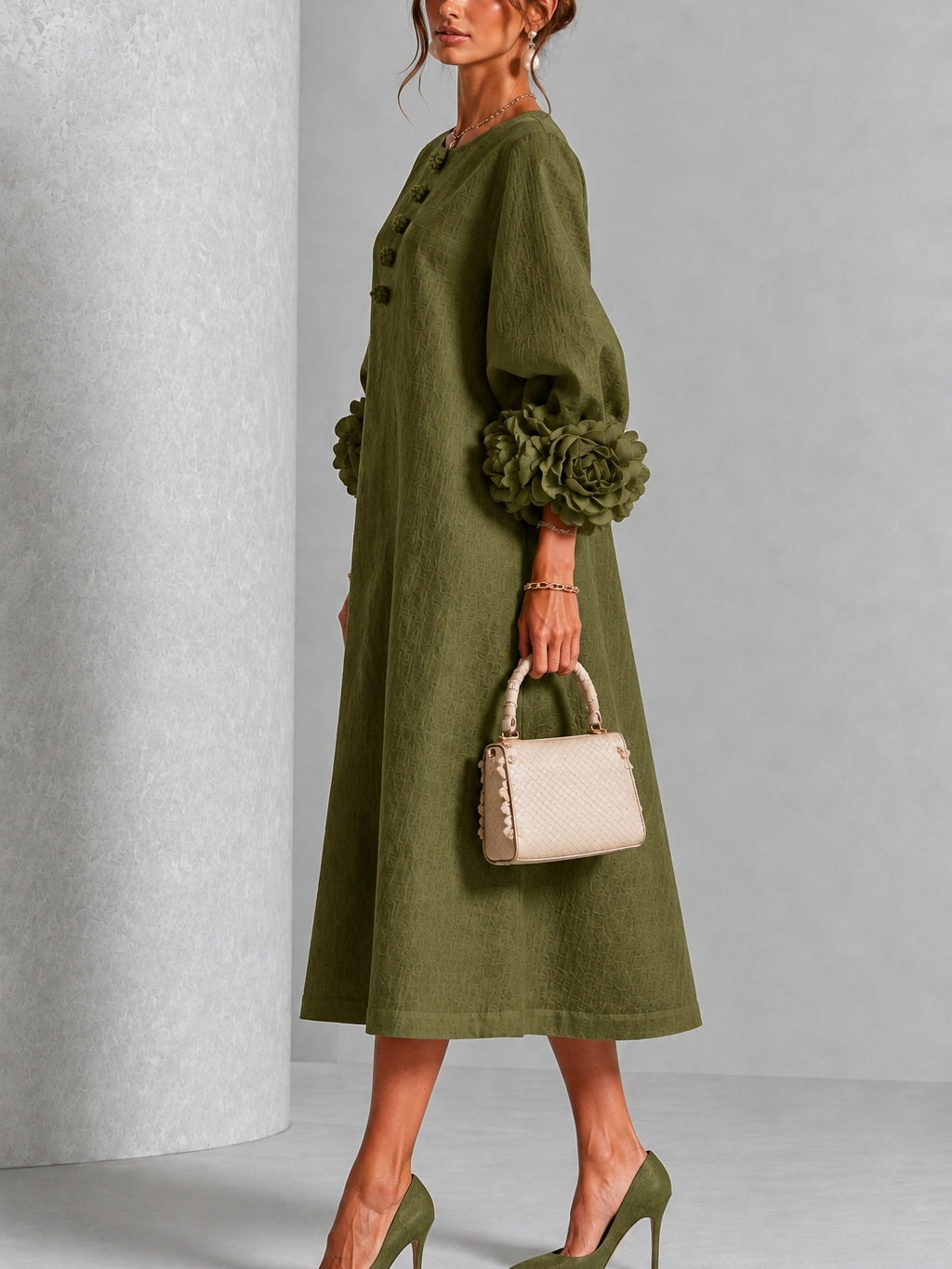 Alessia – Midi Dress with Floral Cuff Detail