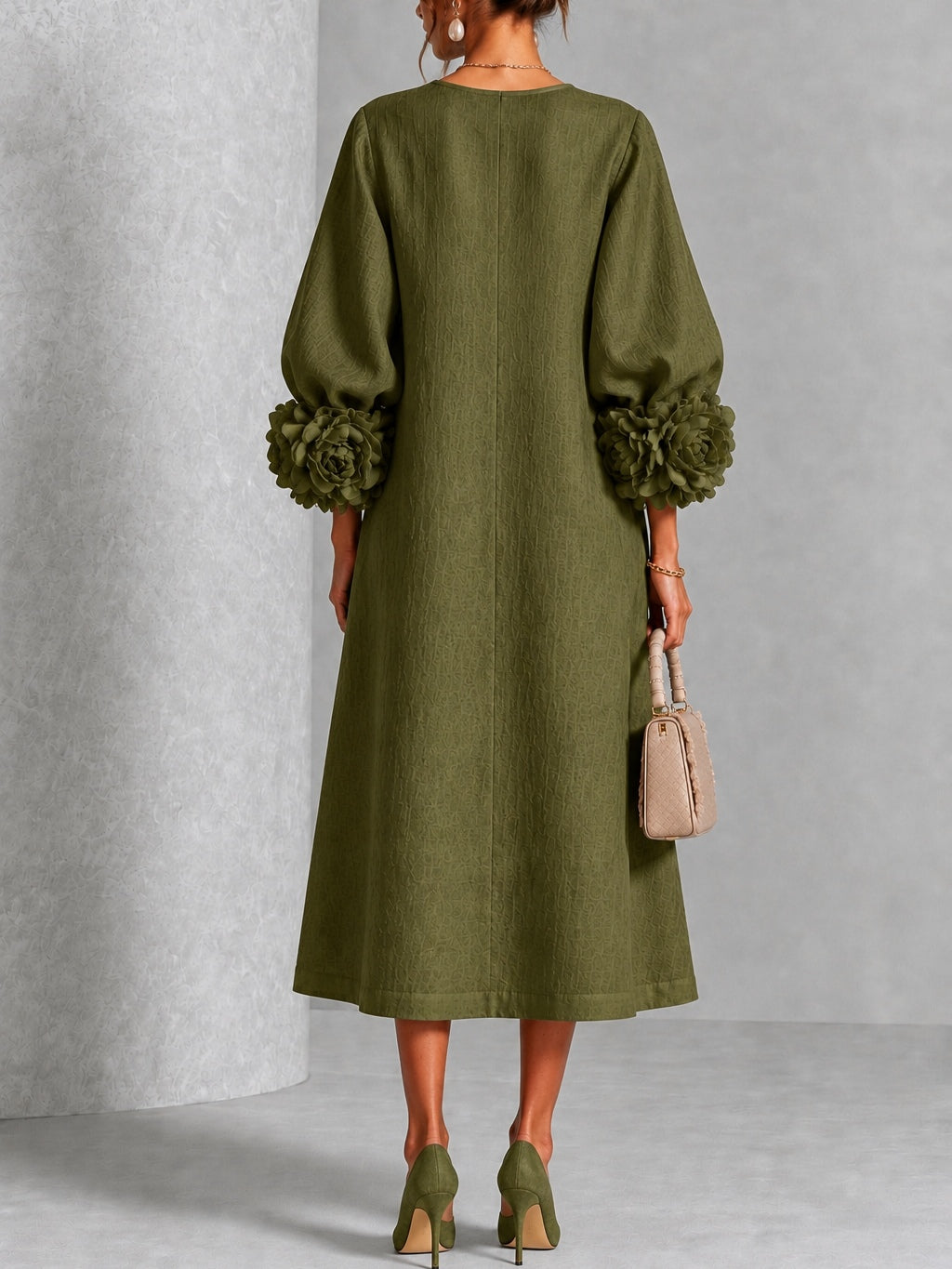 Alessia – Midi Dress with Floral Cuff Detail