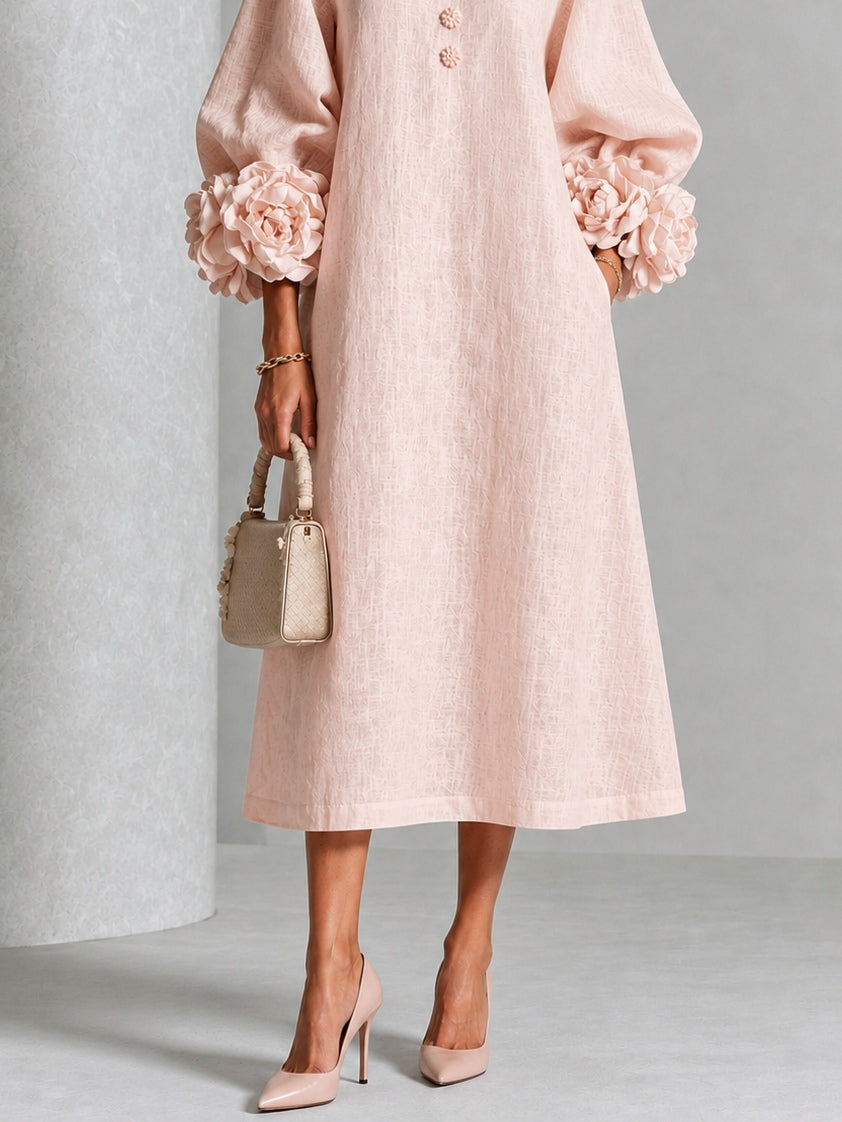 Sienna – Button-Down Midi Dress with Floral Cuffs