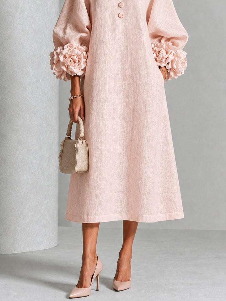 Sienna – Button-Down Midi Dress with Floral Cuffs