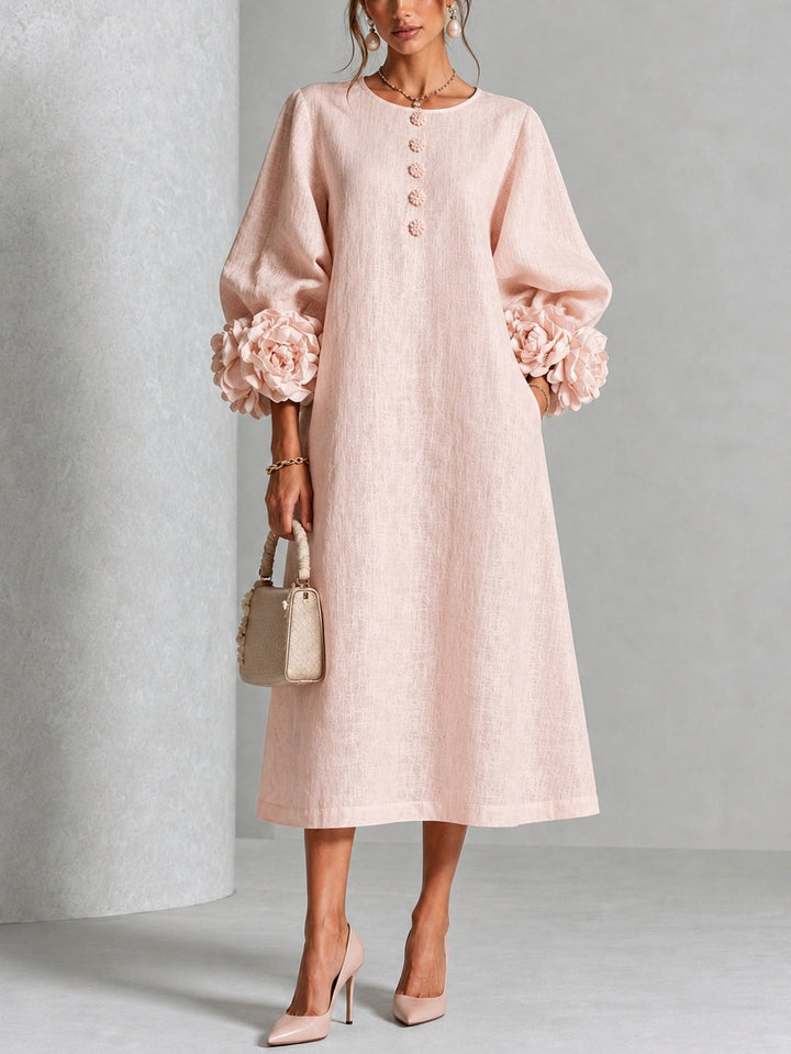 Sienna – Button-Down Midi Dress with Floral Cuffs