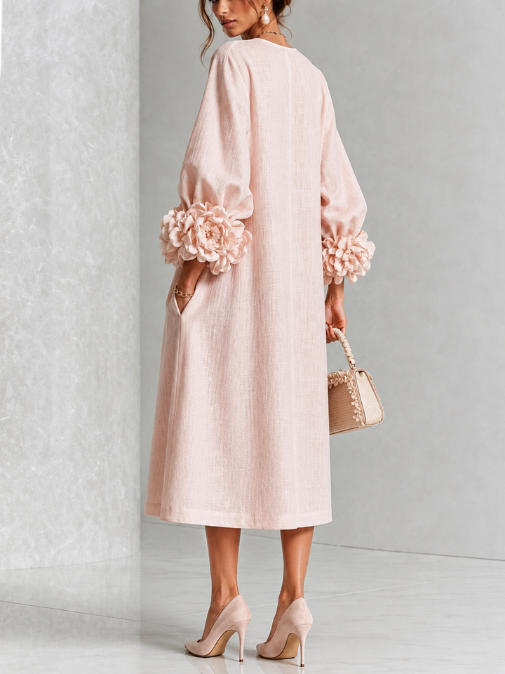 Sienna – Button-Down Midi Dress with Floral Cuffs