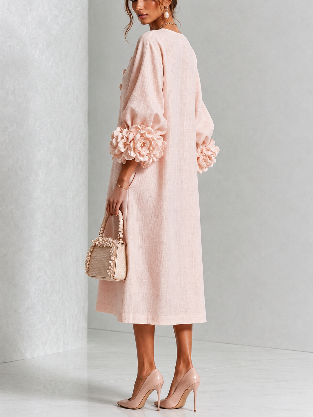 Sienna – Button-Down Midi Dress with Floral Cuffs