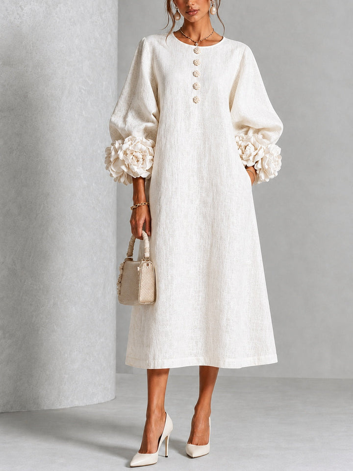 Adele – Button-Down Midi Dress with Floral Cuffs