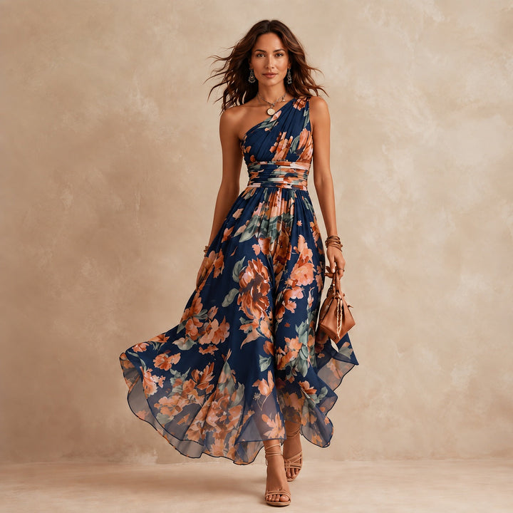 Adele – Asymmetric Floral Print Maxi Dress